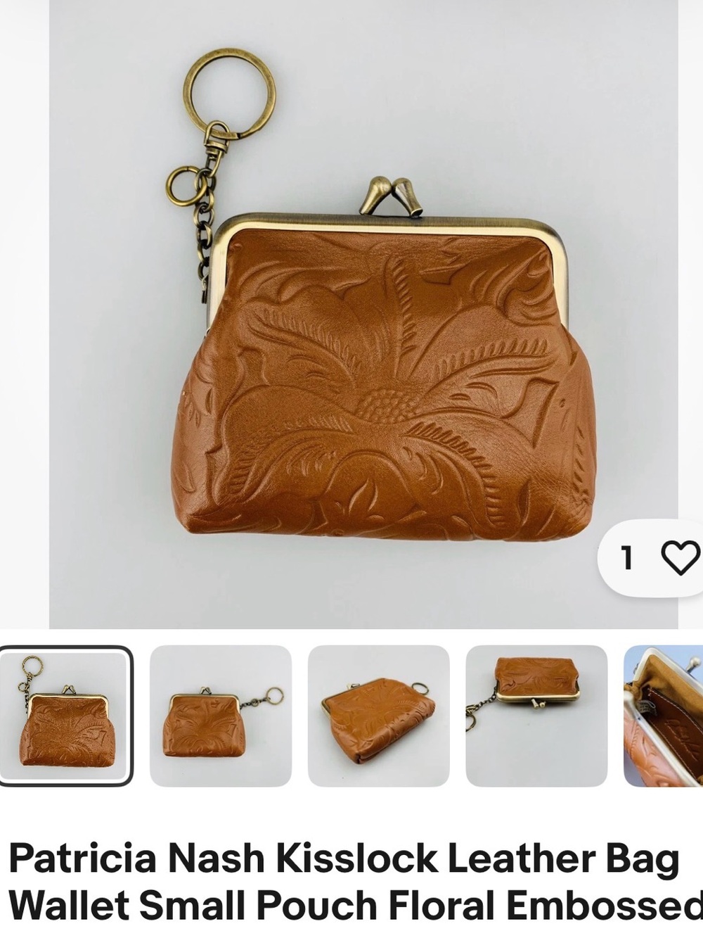 Patricia Nash Tan Floral Embossed Leather Kisslock Coin Wallet with Keyring